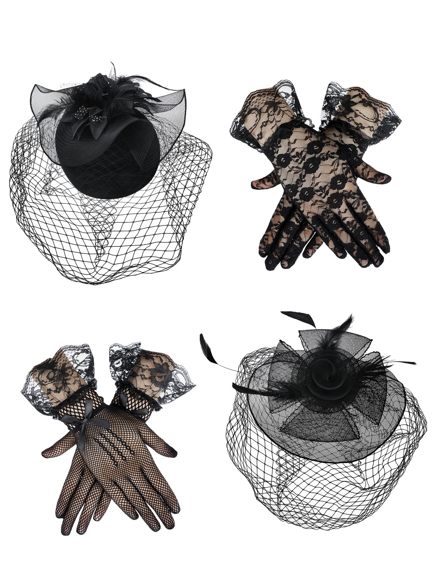 JenPen 4 Pcs Fascinator Hat for Women Tea Party Headwear Feathers Veil Mesh Headband Floral Short Lace Gloves 20s 50s Costume Accessories for Wedding Black