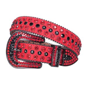 TINIDI Men Women Rhinestones Belt Western Bling Diamond Crystal Studded Leather Belt For Jeans Pants (46: fits waist from 34"-36", Red-Black)