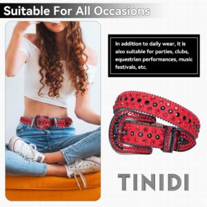 TINIDI Men Women Rhinestones Belt Western Bling Diamond Crystal Studded Leather Belt For Jeans Pants (46: fits waist from 34"-36", Red-Black)