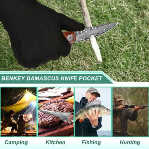 Benkey Damascus Folding Knife with Clip Leather Sheath Camping Knife EDC, Sharp Damascus Pocket Knife Handmade with Liner Lock and Wood Handle for Outdoor Survival Hunting Collection