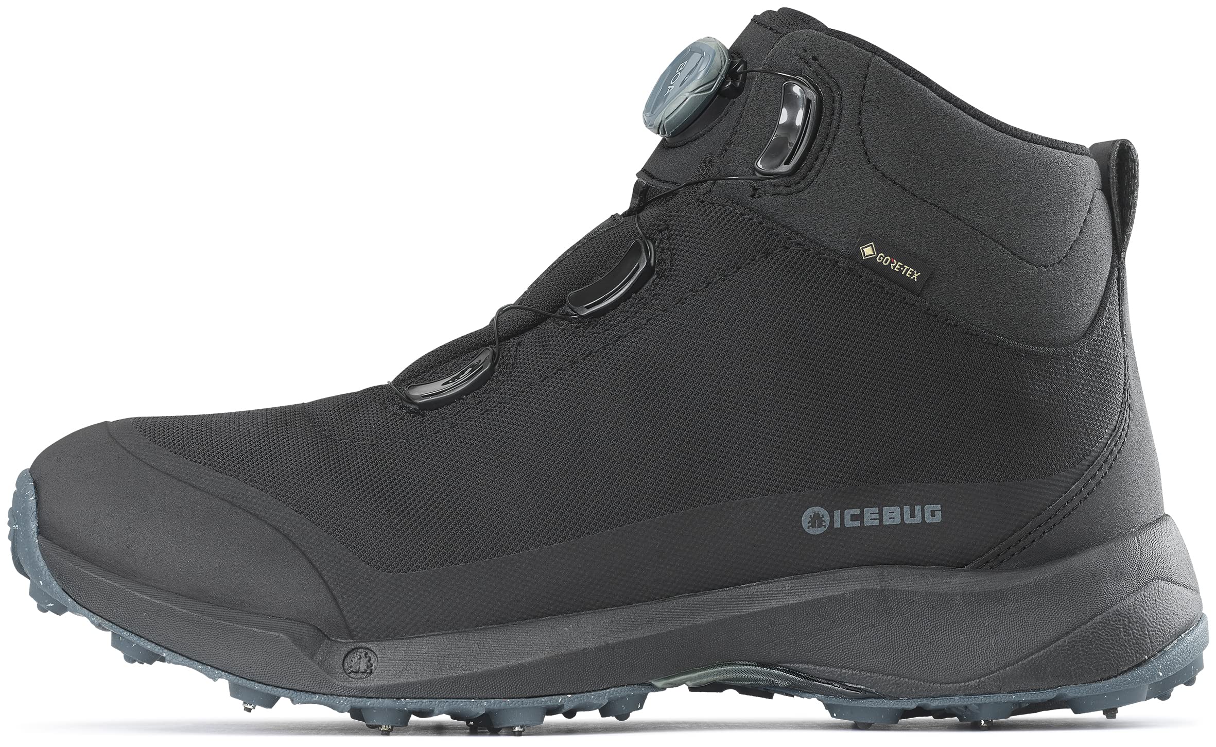 Icebug Mens Stavre BUGrip GTX Hiking Boot with Carbide Studded Traction Sole, Black/Petroleum, 09.5