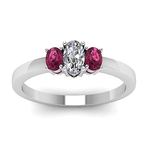 JewelryGift Oval 3 Stone Basket Ring Sterling Silver Created Pink Sapphire Oval Shape Pink Color 3 Stone Engagement Rings Prong Setting in Size 9 Party Wear Daily Wear Ornament