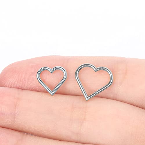 VOJO 2 Pcs G23 Titanium Heart Daith Piercing Jewelry Rook Tragus Clicker Ring Cartilage Earrings 16G (8mm+10mm, Heart Silver)