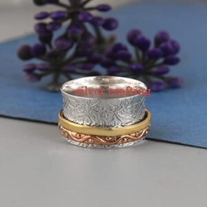 Sterling Silver Spinning Ring Rose Gold Wide Spinner for Women Boho Meditation Spinner Ring (7.5)