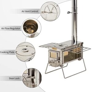 XCMAN Camping Tent Wood Stove with 6 Section Chimney Pipes,Three-View Windows Portable Wood Stove, Ice Fishing Shelters, Hunting, Outdoor Cooking Heavy Gauge 304 Stainless Steel