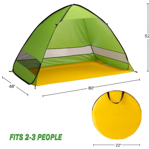 Pop Up Beach Tent - Fits 2-3 People - Sun Shelter with UV Protection and Ventilation - Water and Wind Resistant Camping Canopy by Wakeman (Green)