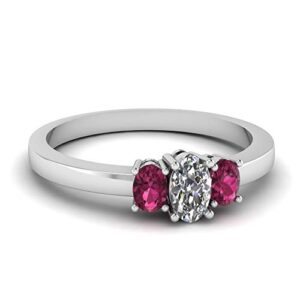 JewelryGift Oval 3 Stone Basket Ring Sterling Silver Created Pink Sapphire Oval Shape Pink Color 3 Stone Engagement Rings Prong Setting in Size 9 Party Wear Daily Wear Ornament