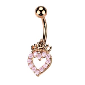 pierced owl 14ga 316l stainless steel cz crystal paved hollow heart and crown belly button ring (rose gold tone/pink)