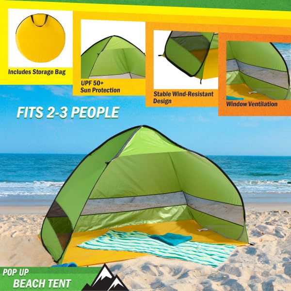 Pop Up Beach Tent - Fits 2-3 People - Sun Shelter with UV Protection and Ventilation - Water and Wind Resistant Camping Canopy by Wakeman (Green)