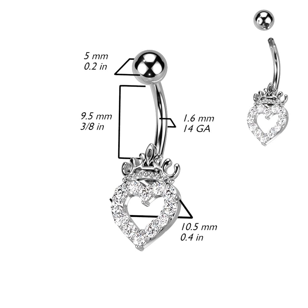 Pierced Owl 14GA 316L Stainless Steel CZ Crystal Paved Hollow Heart and Crown Belly Button Ring (Rose Gold Tone/Pink)