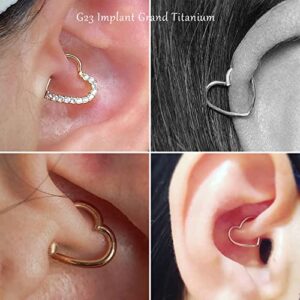 VOJO 2 Pcs G23 Titanium Heart Daith Piercing Jewelry Rook Tragus Clicker Ring Cartilage Earrings 16G (8mm+10mm, Heart Silver)