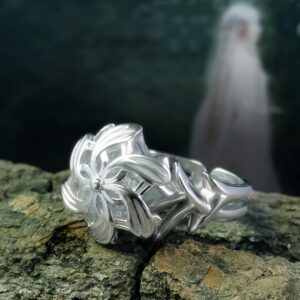 bahamut Elven Queen Galadriel Nenya 925 Sterling Silver Flower Wedding Band Ring for Women Adjustable Open Rings Valentines Jewelry Gift (light silver, Adjustable)