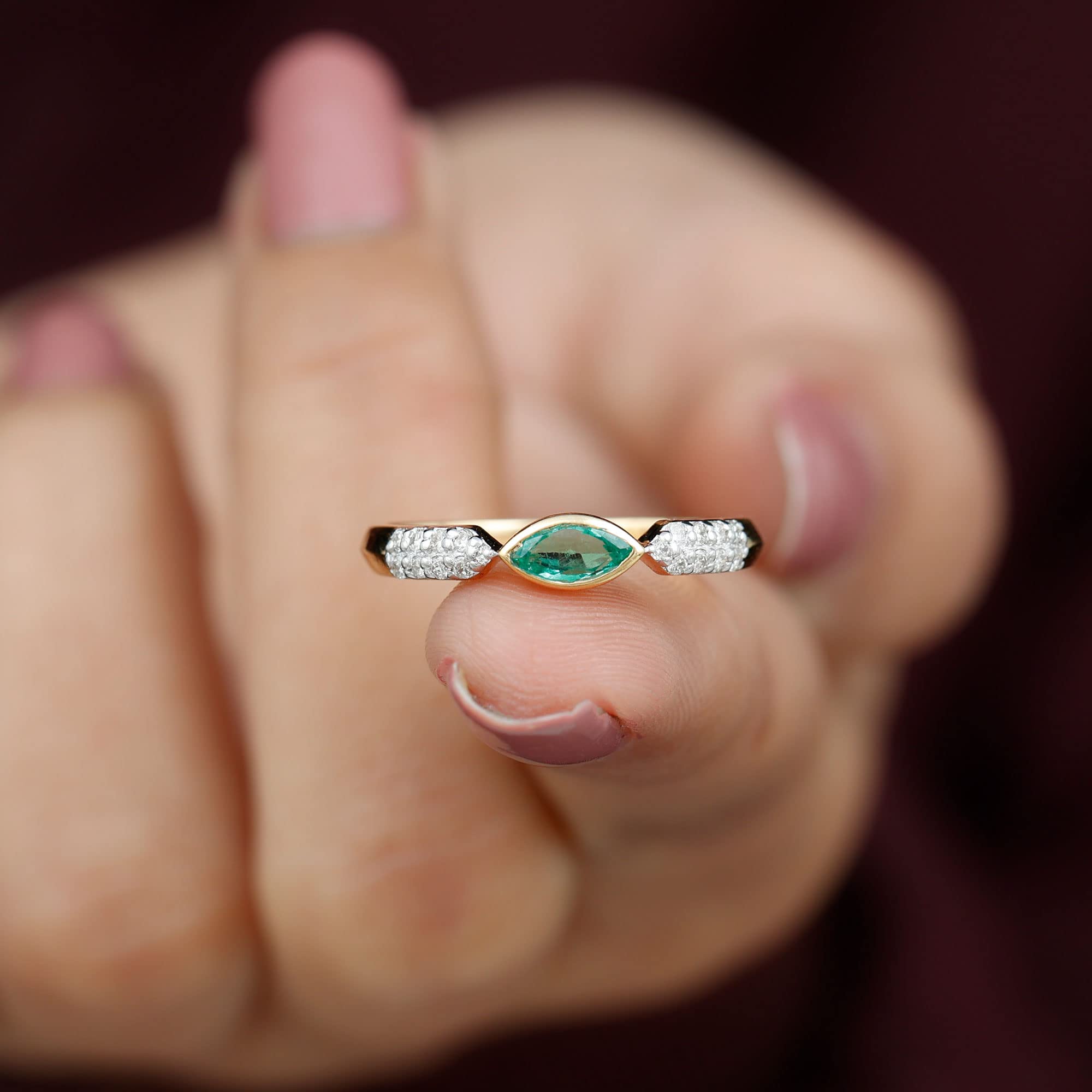 Real Emerald East West Band Ring in Bezel Setting| 2.5X5 MM Marquise| AAA Quality| Promise Ring for Her, 14K Yellow Gold, Size:US 8.00