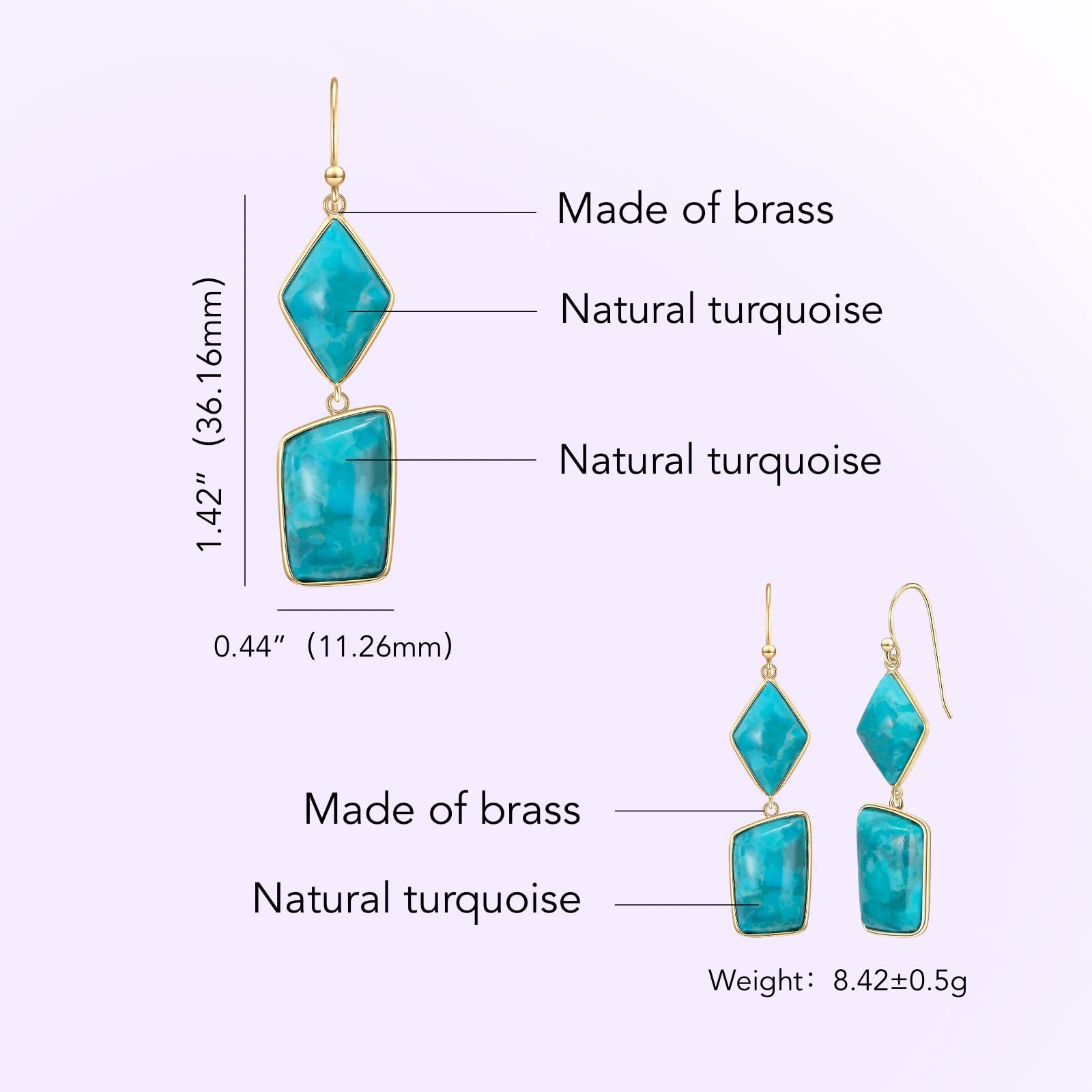 Jupiter Turquoise Earrings for Women, 14k Gold Plated Natural Gemstone Dangle Earrings, Genuine Blue Turquoise Birthstone Drop Earrings Fashion Jewelry Gifts for Birthday, Valentine's Day (10X15 mm Turquoise)