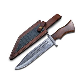 Morf Steelware Handmade Damascus Bowie Knife, 14.5 inch Camping & Hunting Damascus Knife, Fixed Blade Hand Forged Hiking Knife, Damascus Steel Survival Knife with Leather Sheath