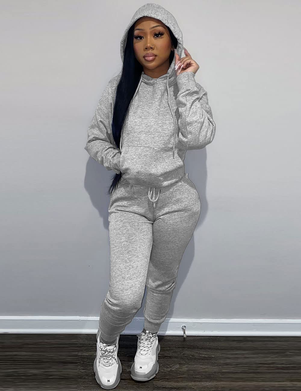 Alunzoem Jogger Set for Women Two Piece Long Sleeve Hoodies Pullover Top and Skinny Pants Sweatsuit Grey L