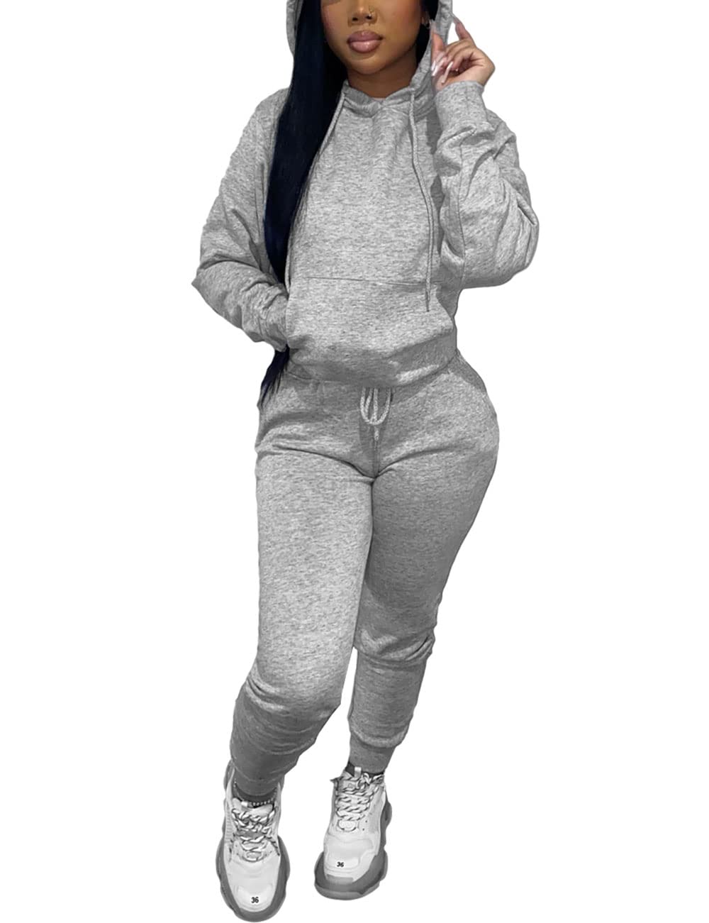 Alunzoem Jogger Set for Women Two Piece Long Sleeve Hoodies Pullover Top and Skinny Pants Sweatsuit Grey L