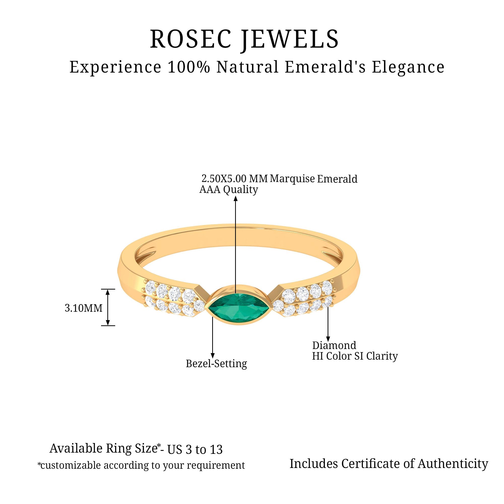 Real Emerald East West Band Ring in Bezel Setting| 2.5X5 MM Marquise| AAA Quality| Promise Ring for Her, 14K Yellow Gold, Size:US 8.00