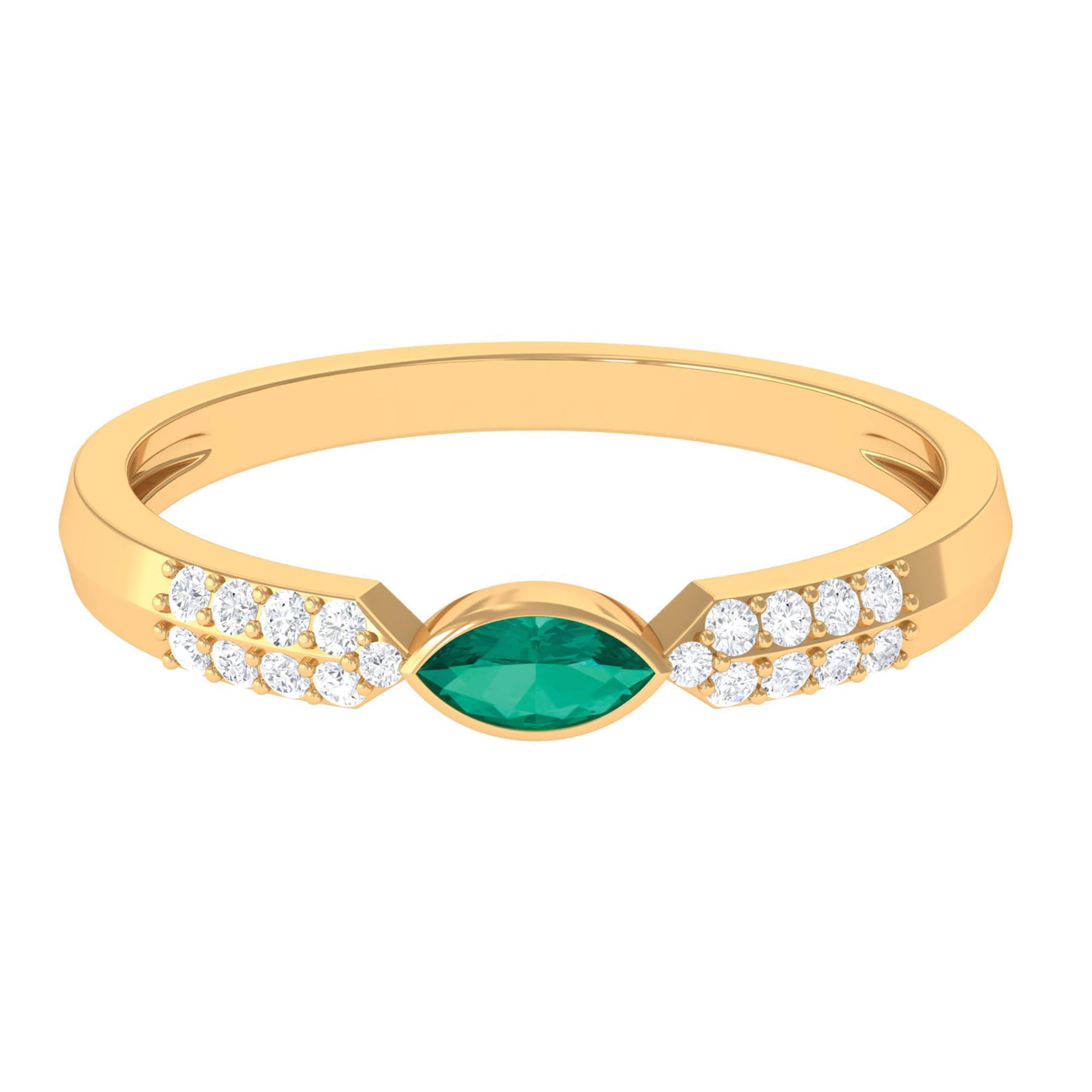 Real Emerald East West Band Ring in Bezel Setting| 2.5X5 MM Marquise| AAA Quality| Promise Ring for Her, 14K Yellow Gold, Size:US 8.00