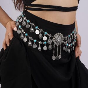 Missgrace Bohemian Vintage Blue Turquoise Tassel Crystal Chain Belly Silver Rhinestone Body Chains Handmade Indian Body Accessories Jewelry for Women