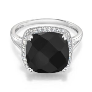 gem stone king 10k white gold black onyx and white created sapphire women ring (5.77 cttw, cushion checkerboard 12mm, gemstone birthstone, available in size 5, 6, 7, 8, 9)