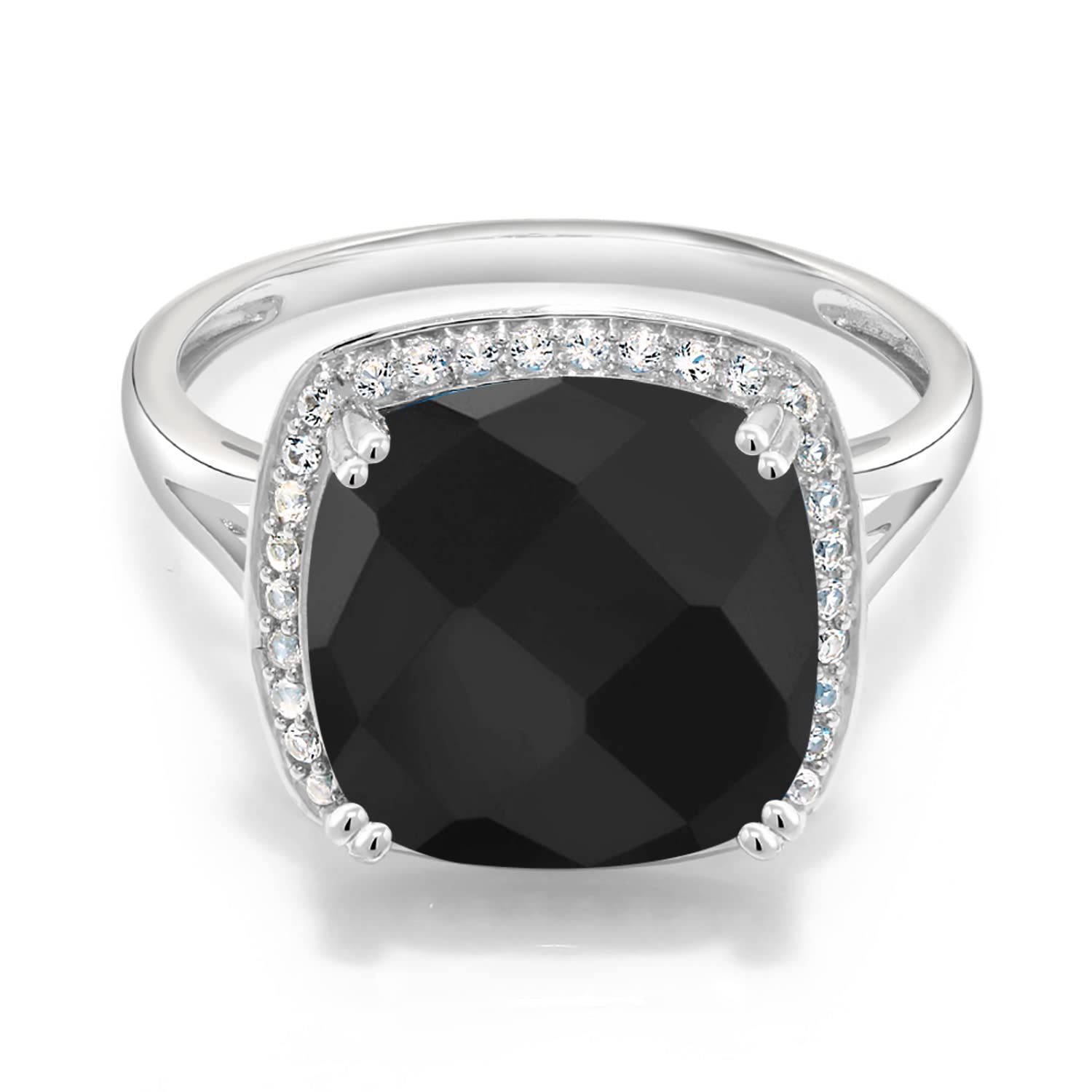 Gem Stone King 10K White Gold Black Onyx and White Created Sapphire Women Ring (5.77 Cttw, Cushion Checkerboard 12MM, Gemstone Birthstone, Available In Size 5, 6, 7, 8, 9)