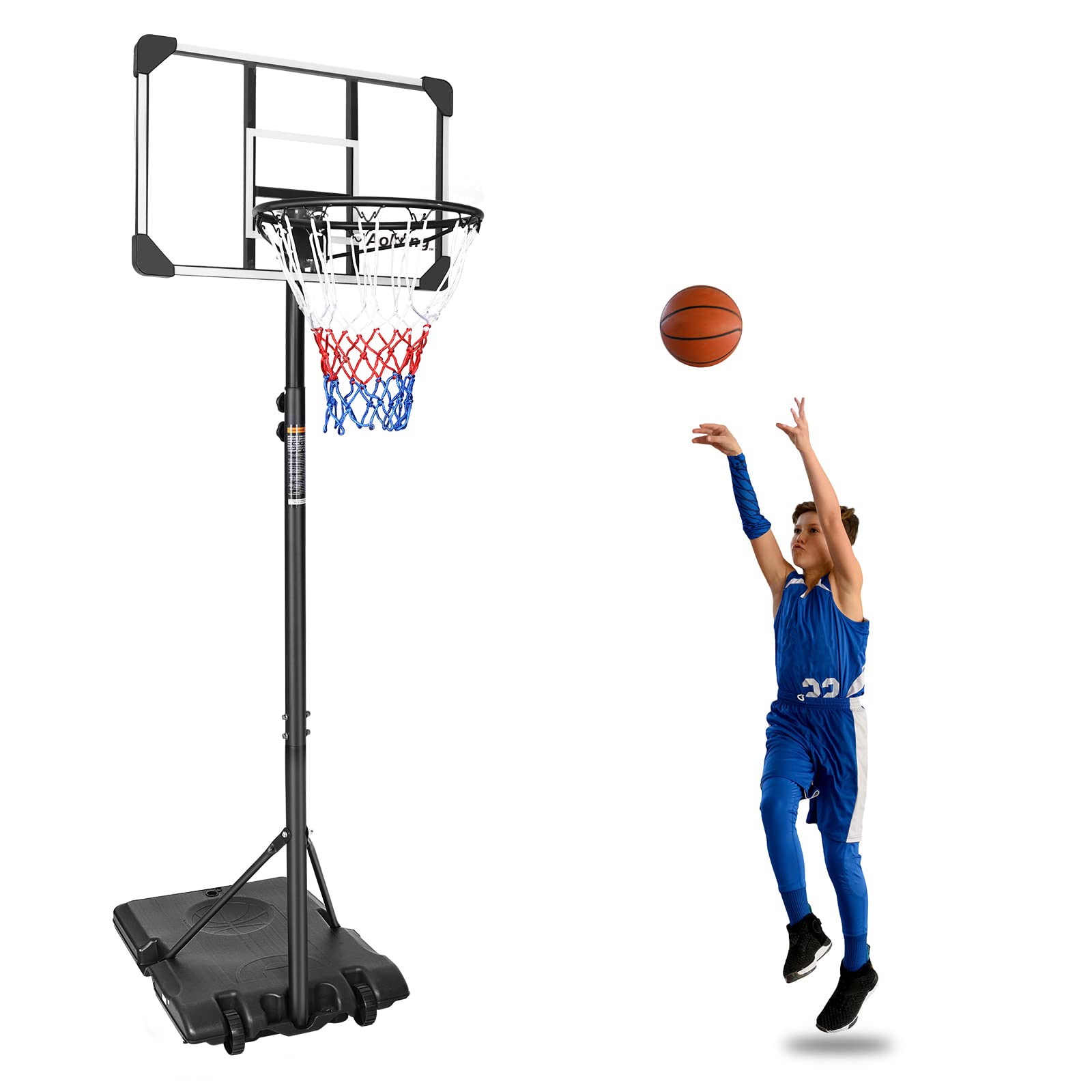 AOKUNG Teenagers Youth Height Adjustable 5.6 to 7ft Basketball Hoop 28 Inch Backboard Portable Basketball Goal System with Stable Base and Wheels, use for Indoor Outdoor