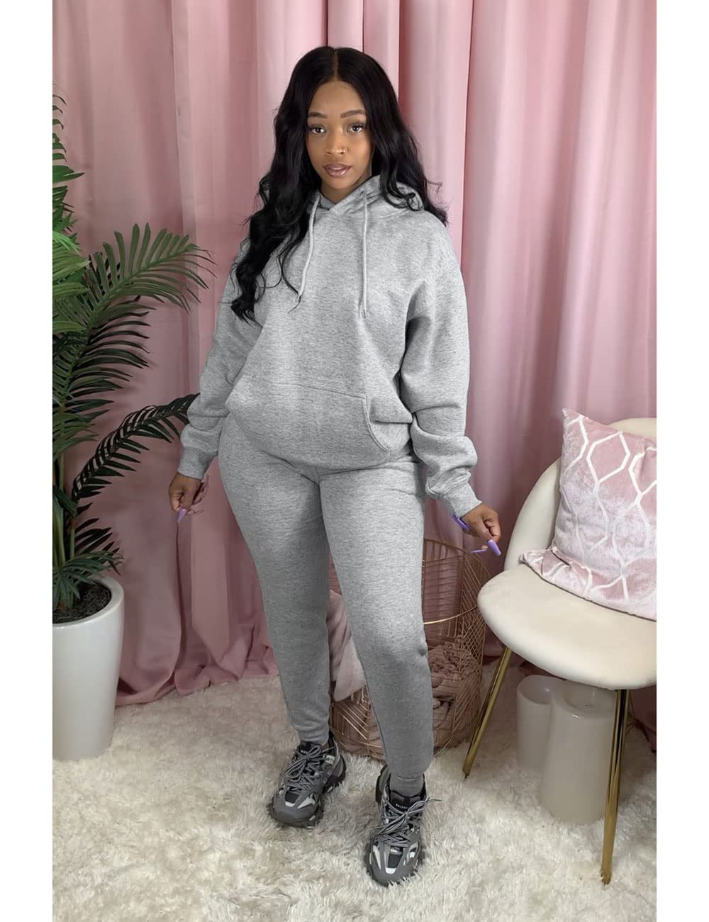 Alunzoem Jogger Set for Women Two Piece Long Sleeve Hoodies Pullover Top and Skinny Pants Sweatsuit Grey L