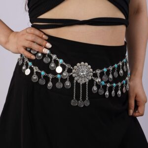 Missgrace Bohemian Vintage Blue Turquoise Tassel Crystal Chain Belly Silver Rhinestone Body Chains Handmade Indian Body Accessories Jewelry for Women