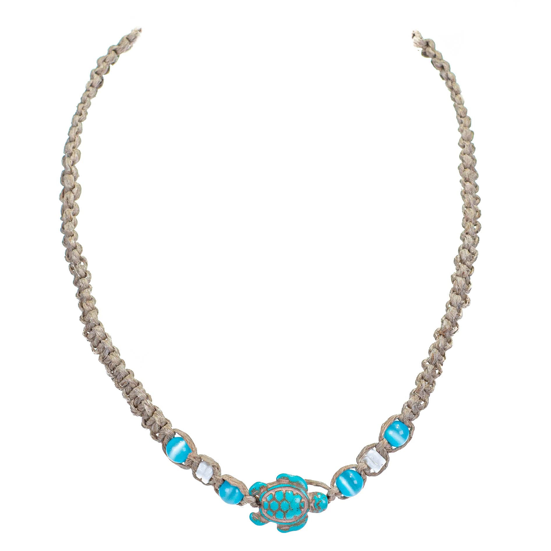 BlueRica Hemp Choker Necklace with Blue Cat's Eye, Puka Shell Beads & Turquoise Sea Turtle