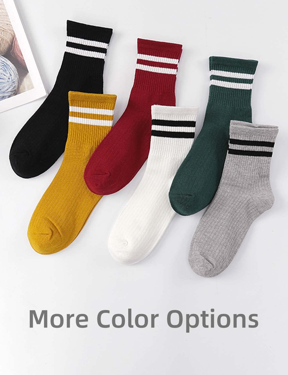 WAIKAS 【5-Pack】 Mid Calf Socks for Women, Common Size Adult Socks, Black/White/Yellow/Rose Red/Green each color 1 Pair