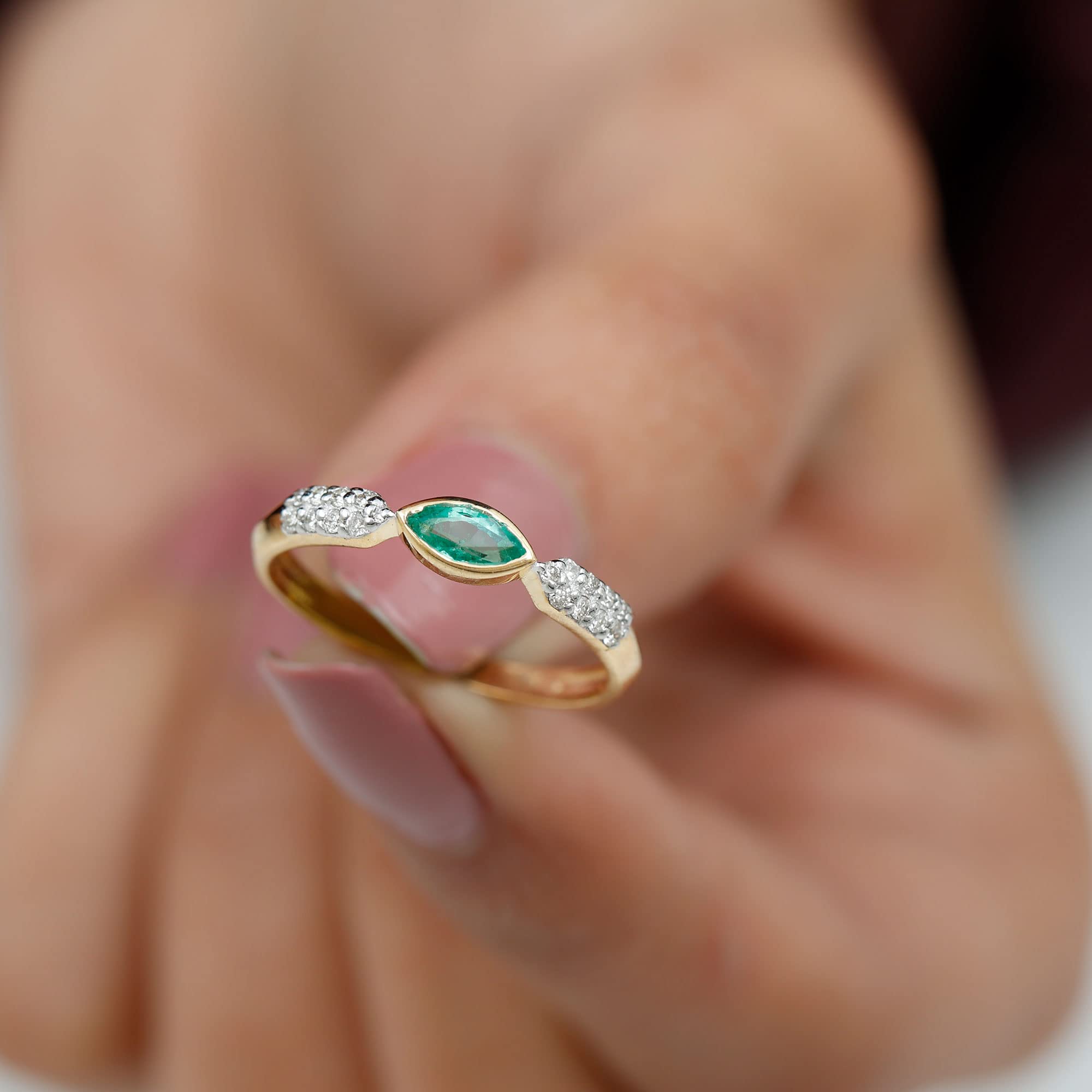 Real Emerald East West Band Ring in Bezel Setting| 2.5X5 MM Marquise| AAA Quality| Promise Ring for Her, 14K Yellow Gold, Size:US 8.00