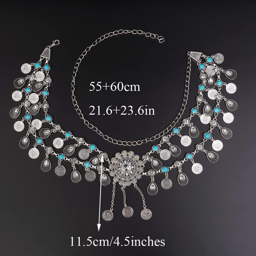 Missgrace Bohemian Vintage Blue Turquoise Tassel Crystal Chain Belly Silver Rhinestone Body Chains Handmade Indian Body Accessories Jewelry for Women