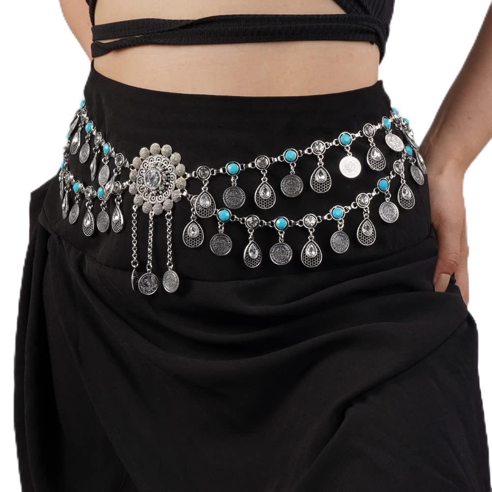 Missgrace Bohemian Vintage Blue Turquoise Tassel Crystal Chain Belly Silver Rhinestone Body Chains Handmade Indian Body Accessories Jewelry for Women