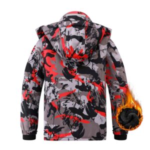 AFILOK Boy's Big Kid Ski Jacket Waterproof Breathable Kids Fleece Lined Windproof Hooded Snowboard Coats(red camouflage 8-9