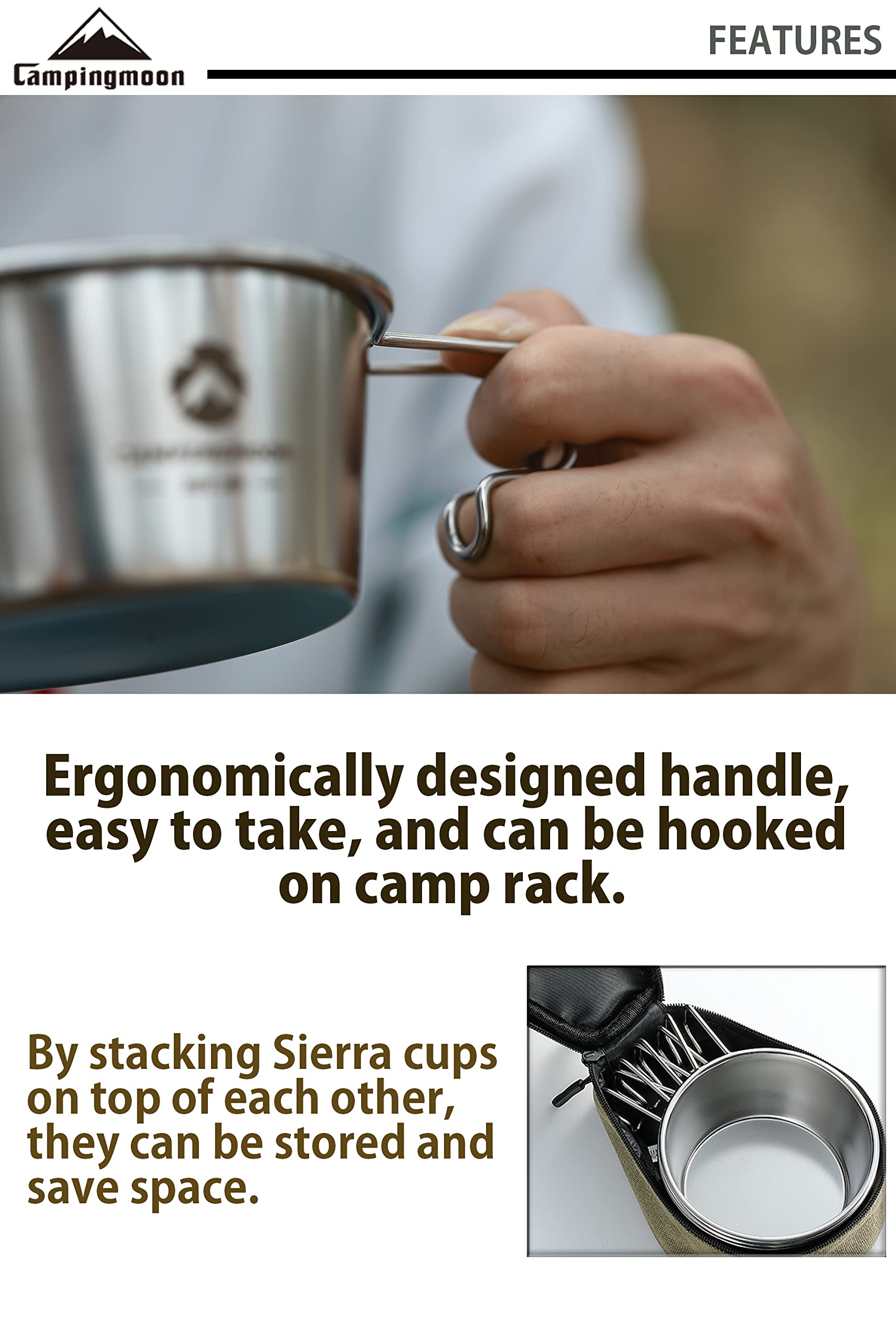 CAMPINGMOON 2pcs Set Stainless Steel Deep Type Camping Sierra Cup 450ml S-360 (2pcs Set + Bag)