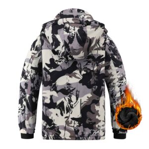 AFILOK Boy's Ski Jacket Waterproof Breathable Kids Fleece Lined Windproof Hooded Snowboard Coats(white camouflage 6-7)