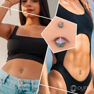 OUFER 14G Belly Rings, 20 Sided Dice Icosahedron 316L Stainless Belly Button Rings, DND Navel Piercing Jewelry, Curved Barbells