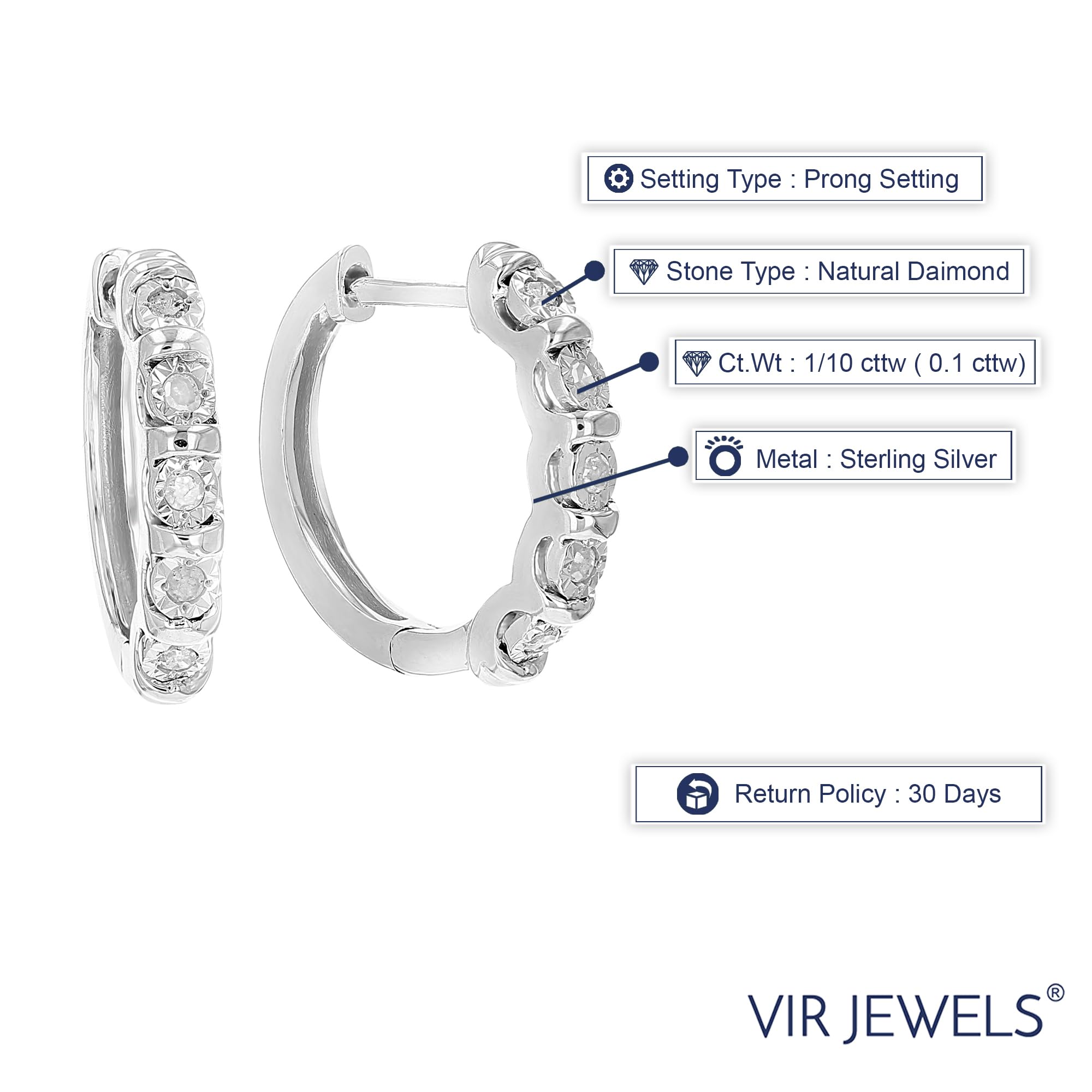 Vir Jewels 1/10 cttw Diamond Hoop Earrings .925 Sterling Silver 10 Stone Prong Set 2/3 Inch