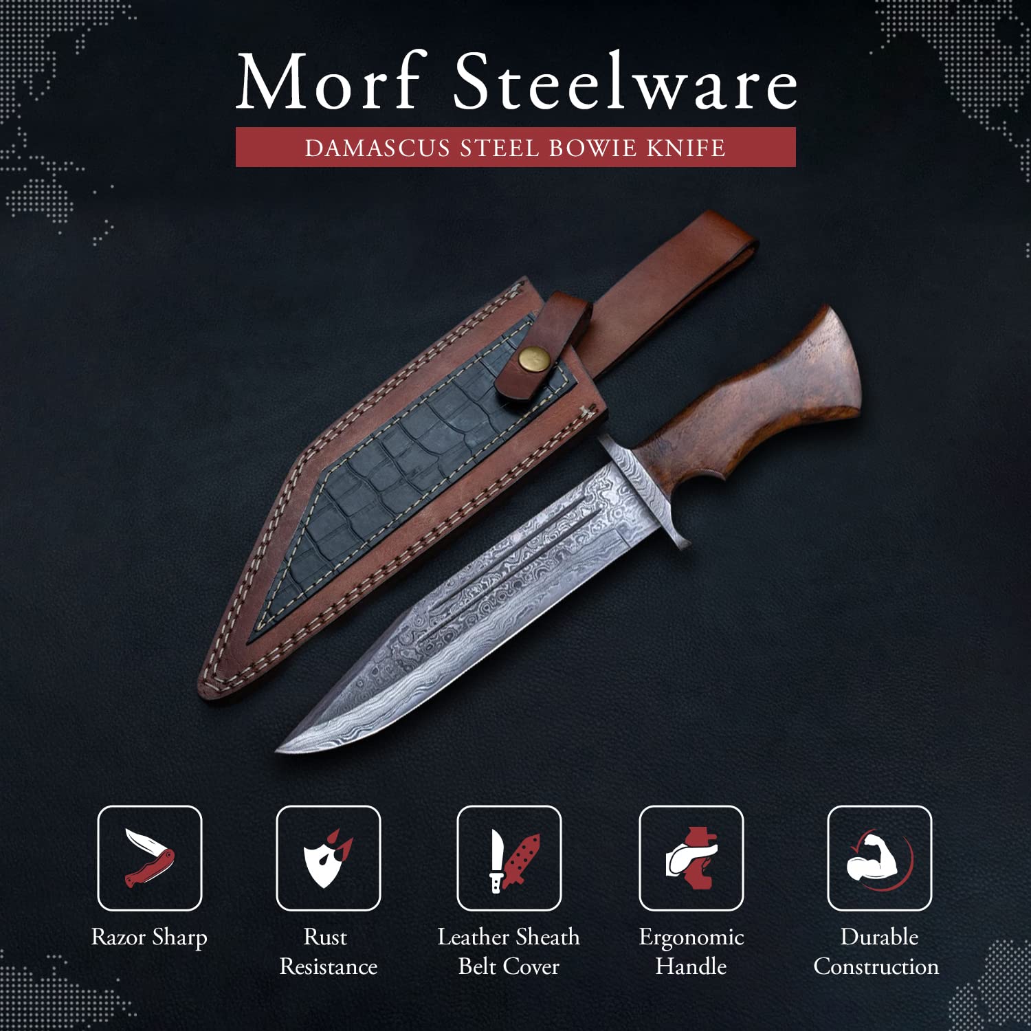 Morf Steelware Handmade Damascus Bowie Knife, 14.5 inch Camping & Hunting Damascus Knife, Fixed Blade Hand Forged Hiking Knife, Damascus Steel Survival Knife with Leather Sheath