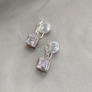 Soar-leap Silver Crystal Square Clip On Earrings Diamond Dangle Earrings for Women Girls Non Pierced for Brides Wedding Bridesmaid