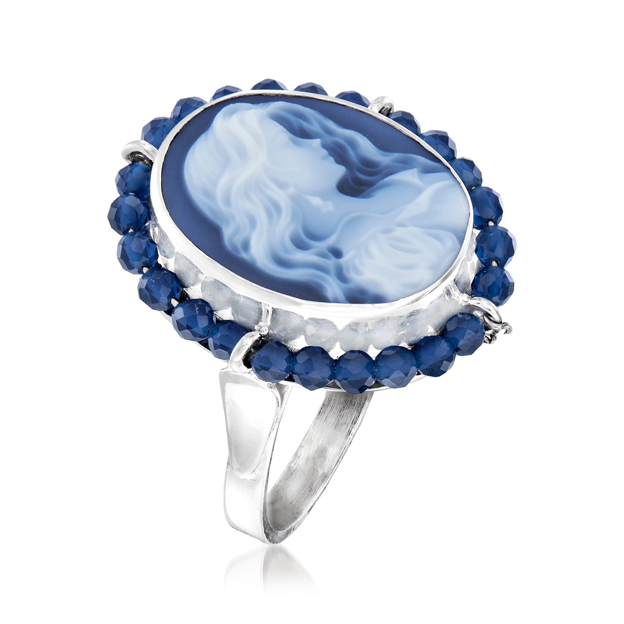 Ross-Simons Italian Blue Agate Cameo Ring With 1.32 ct. t.w. Blue Spinel in Sterling Silver. Size 8