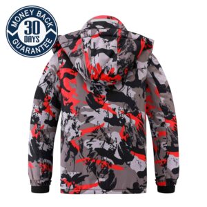 AFILOK Boy's Big Kid Ski Jacket Waterproof Breathable Kids Fleece Lined Windproof Hooded Snowboard Coats(red camouflage 8-9