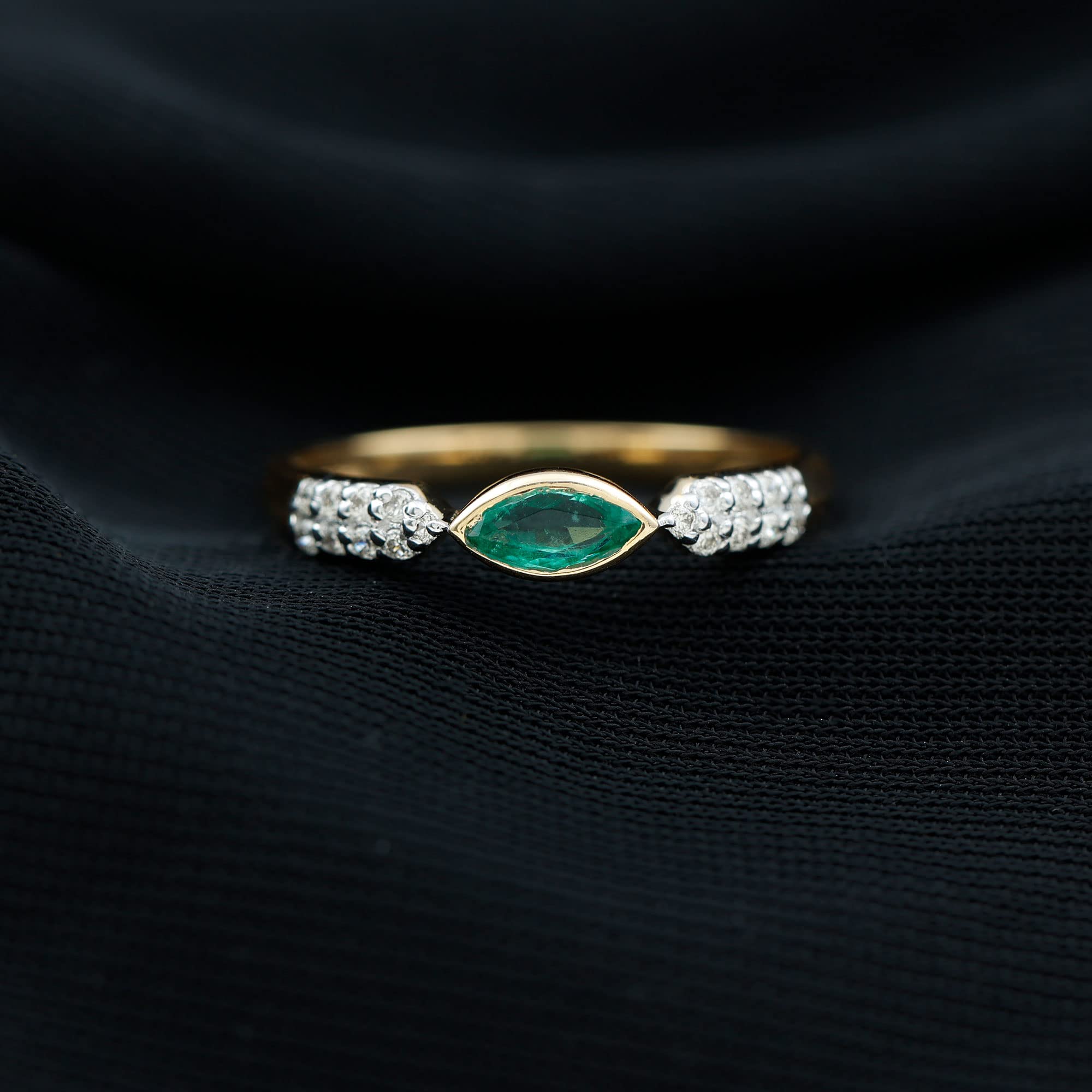 Real Emerald East West Band Ring in Bezel Setting| 2.5X5 MM Marquise| AAA Quality| Promise Ring for Her, 14K Yellow Gold, Size:US 8.00