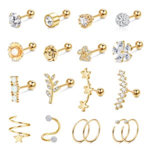 ironbox 18 pcs 16g cartilage earrings studs for women men surgical steel tragus couch helix piercing jewelry opal flower leaf cz cartilage helix earrings gold