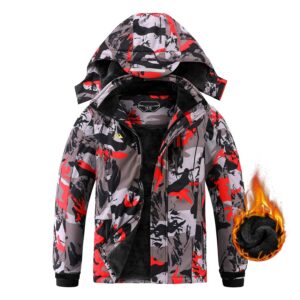 afilok boy's big kid ski jacket waterproof breathable kids fleece lined windproof hooded snowboard coats(red camouflage 8-9