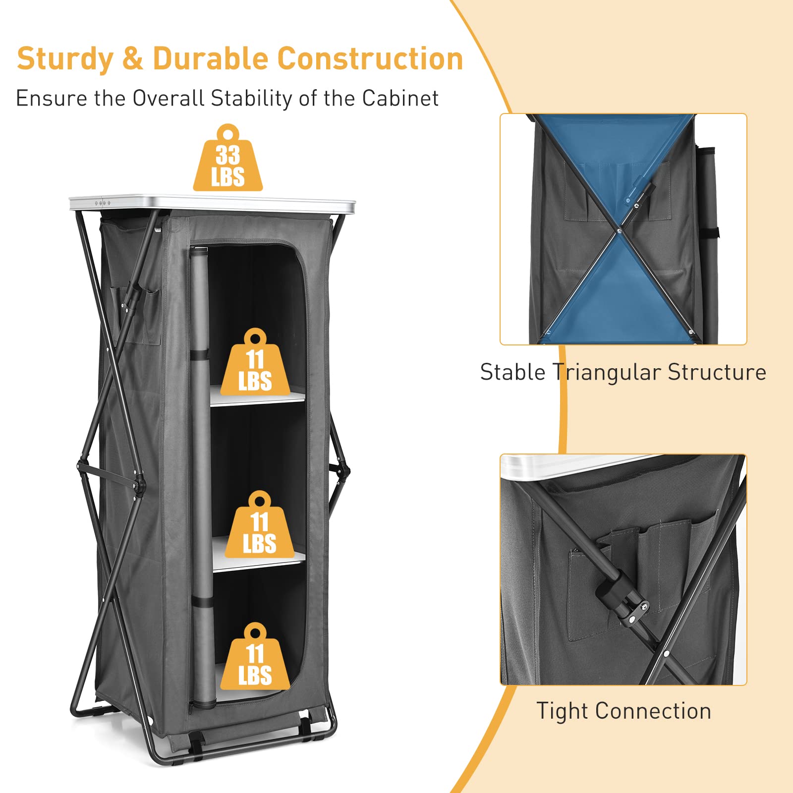 Goplus Folding Camping Storage Cabinet, Pop Up Outdoor Camping Kitchen Station with Large 3-Tier Storage Organizer, Carry Bag, Easy Set Up Portable Compact Camping Table for BBQ Picnic Backyard (55'')