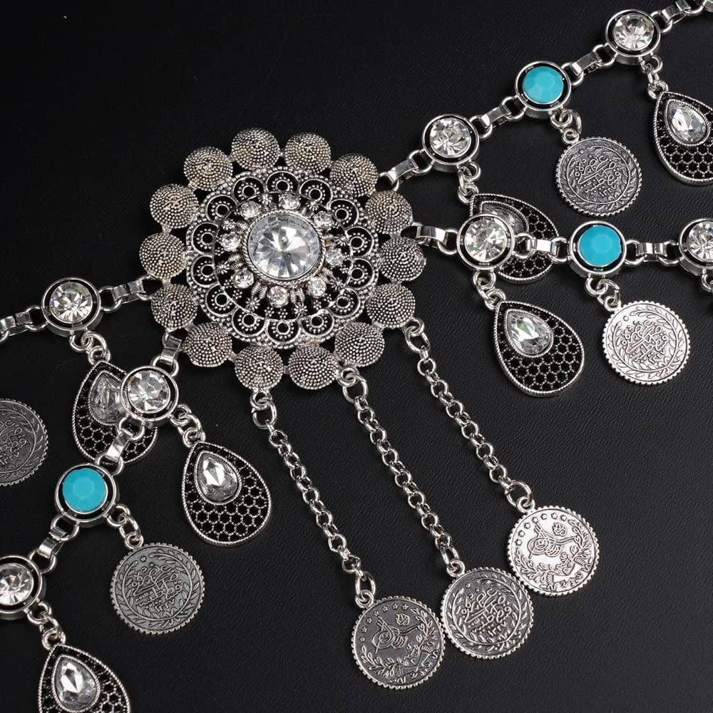 Missgrace Bohemian Vintage Blue Turquoise Tassel Crystal Chain Belly Silver Rhinestone Body Chains Handmade Indian Body Accessories Jewelry for Women