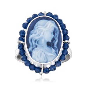 Ross-Simons Italian Blue Agate Cameo Ring With 1.32 ct. t.w. Blue Spinel in Sterling Silver. Size 8