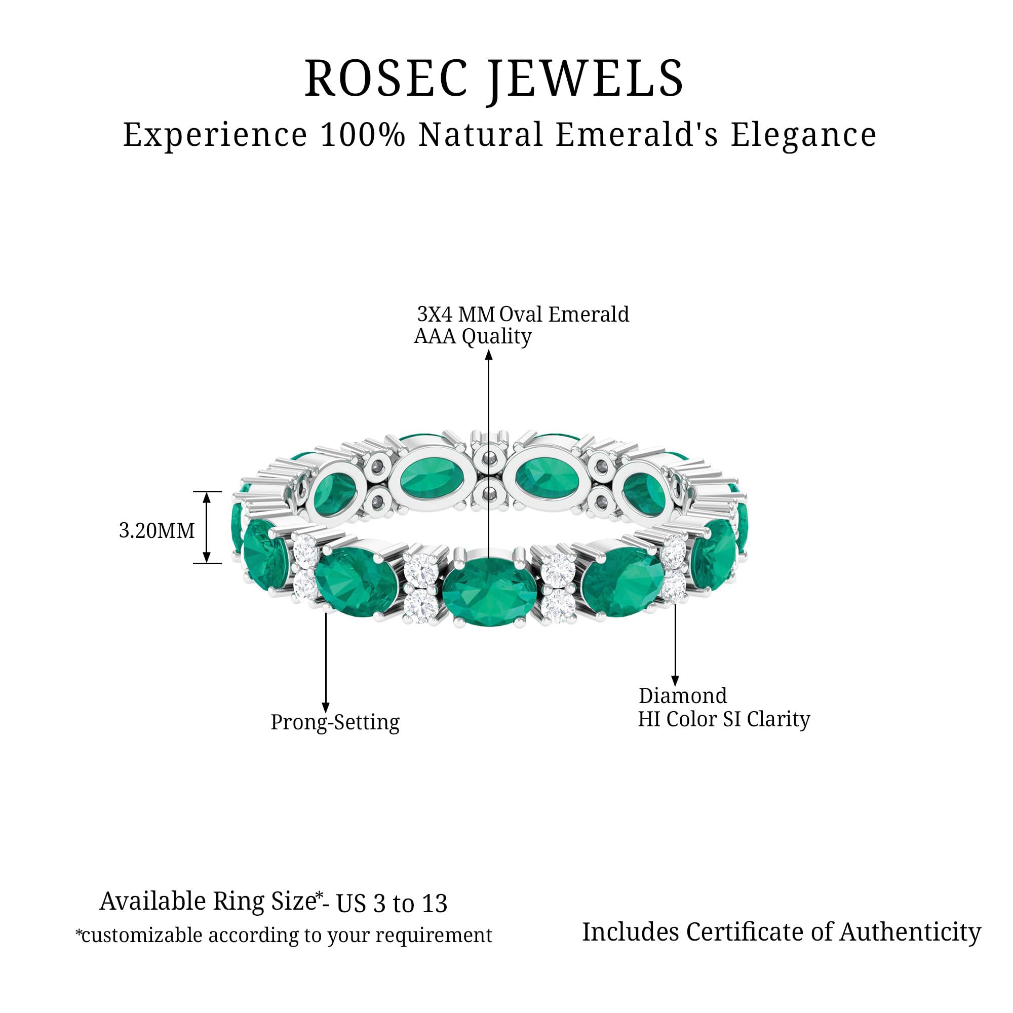 Rosec Jewels Natural Emerald Wedding Band for Women, AAA Quality, Certified Emerald Diamond Full Eternity Ring - Ready To Gift, 14K White Gold, Size:US 6.50